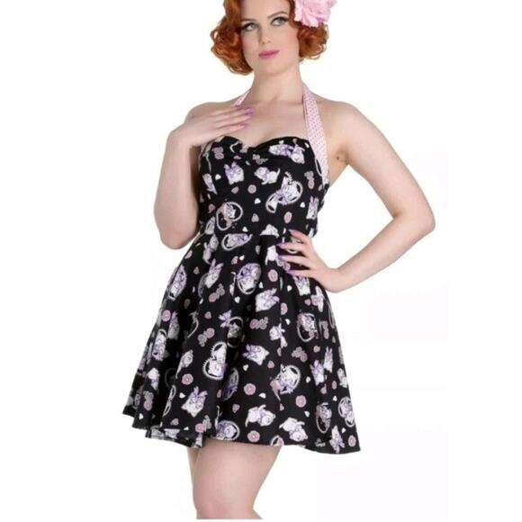 Hell Bunny Amelia Fit & Flare 50s Style Halter Mini Dress Heart Cats Print Small - Picture 3 of 8